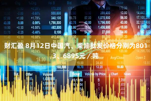 财汇盈 8月12日中国汽、柴油批发价格分别为8013、6895元／吨